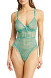 Hauty Ruffle Dotted Mesh & Lace Underwire Teddy In Green