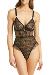 Hauty Ruffle Dotted Mesh & Lace Underwire Teddy In Black