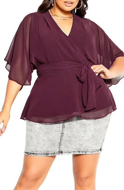 City Chic Elegant Faux Wrap Top In Spiced Plum