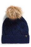Treasure & Bond Cable Knit Beanie With Faux Fur Pompom In Blue Beacon