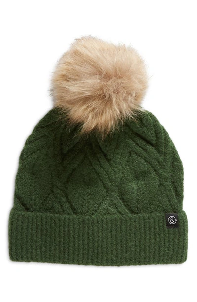 Treasure & Bond Cable Knit Beanie With Faux Fur Pompom In Green Pinopsida