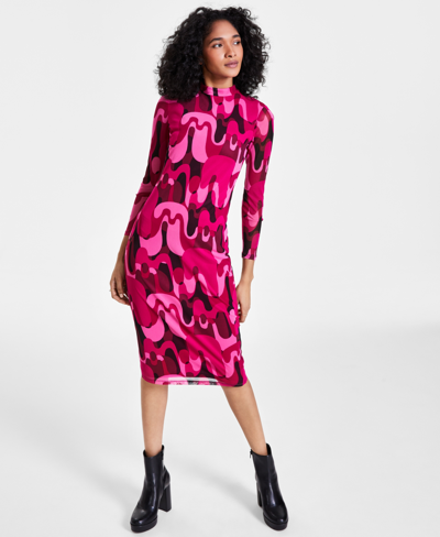 Bar Iii Plus Size Printed Mesh Mock Neck Midi Dress, Created For Macy's In Jazz Berry Multi