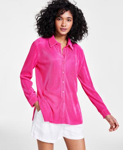 Bar Iii Petite Plisse-knit Button-up Shirt, Created For Macy's In Fuchsia