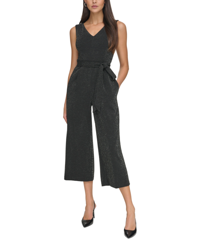 Calvin Klein Women's Shimmer Tie-waist Cropped Jumpsuit In Black