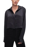 Good American Crop Satin Button-up Shirt In Black