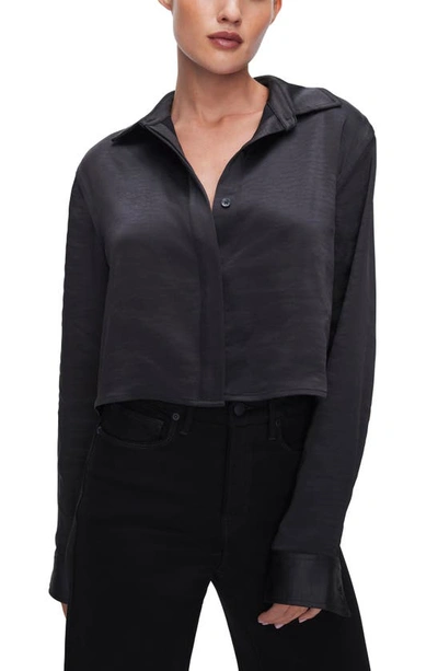 Good American Crop Satin Button-up Shirt In Black001