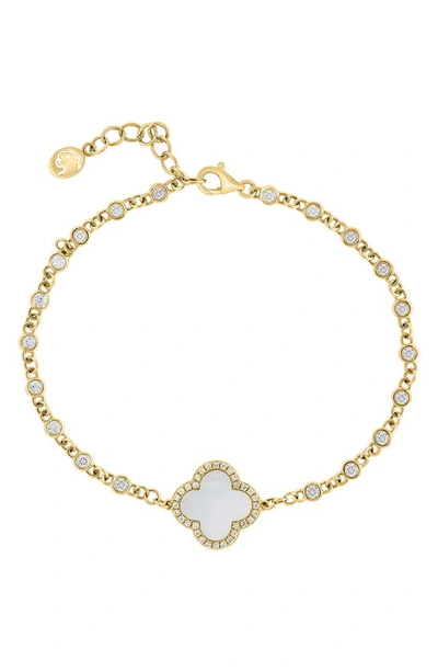 Effy 14k Yellow Gold Diamond, White Topaz & Mother-of-pearl Quatrefoil Bracelet