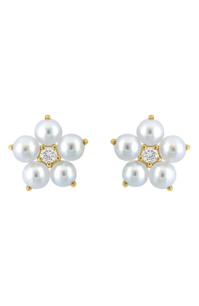 Effy 14k Yellow Gold 3mm Freshwater Pearl & Diamond Flower Stud Earrings In Gold/ Pearl Flower