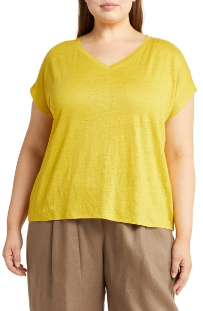 Eileen Fisher V-neck Organic Linen T-shirt In Lemondrop