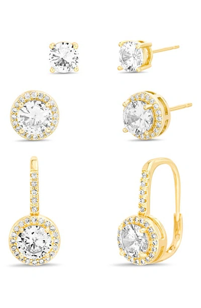 Nes Jewelry Set Of 3 Cubic Zirconia Stud & Lever Back Earrings In Gold