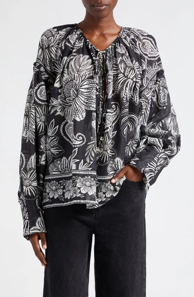 Farm Rio Paisley Bloom Cotton Trapeze Top In Pasley Bloom Black