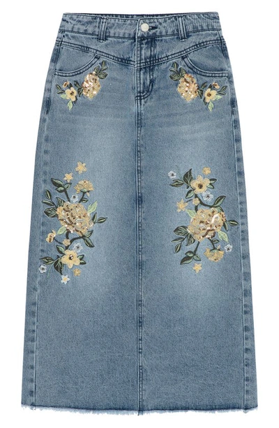 Truce Kids' Sequin Floral Embroidered Maxi Jean Skirt In Denim