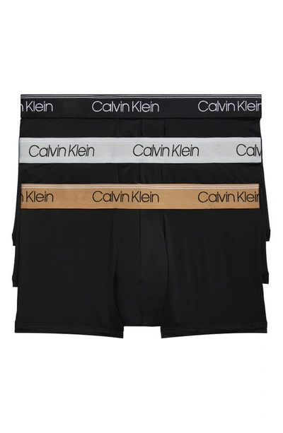 Calvin Klein 3-pack Low Rise Microfiber Stretch Trunks In Black W/ Assorted Bands