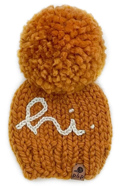 Pine + Poppy Babies' Hi Embroidered Pompom Hat In Golden Orange