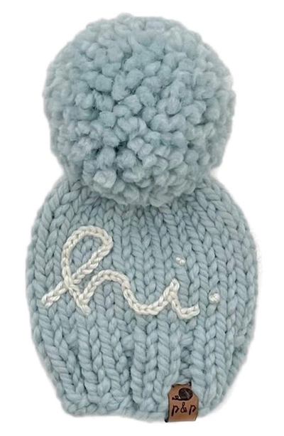 Pine + Poppy Babies' Hi Embroidered Pompom Hat In Light Blue