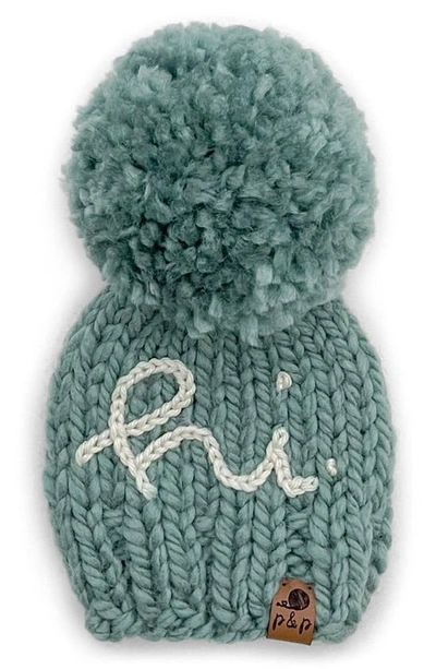 Pine + Poppy Babies' Hi Embroidered Pompom Hat In Soft Green