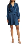 Vince Camuto Shawl Collar Long Sleeve Satin Dress In Peacock