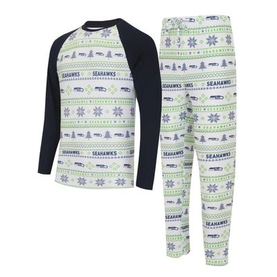 Concepts Sport Men's  White, Navy Seattle Seahawks Tinsel Raglan Long Sleeve T-shirt And Pants Sleep In White,navy