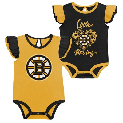 Outerstuff Babies' Girls Infant Black, Gold Boston Bruins Two-pack Training Bodysuit Set In Black,gold