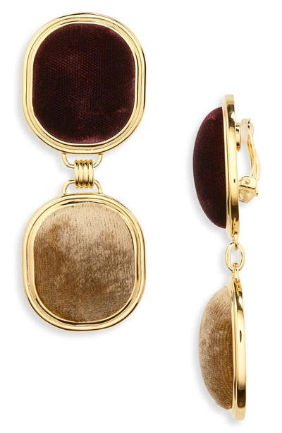 Saint Laurent Twin Square Velvet Drop Clip-on Earrings In Burgundy/ Bronze/ Gold