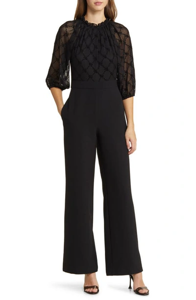Vince Camuto Flock Mesh Jumpsuit In Black
