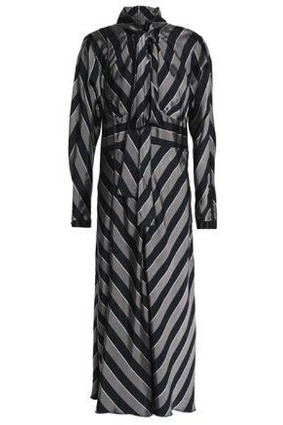 Marc Jacobs Pussy-bow Striped Satin Midi Dress In Gray