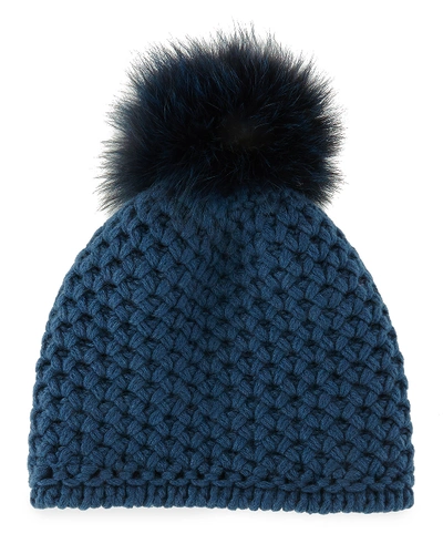 Inverni Cashmere Skull-cap Beanie With Fox Pompom In Blue