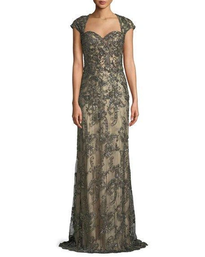 La Femme Beaded Lace Gown W/ Cap Sleeves In Olive
