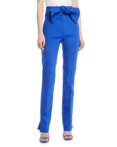Valentino Wool-blend Stretch Pants W/ Bow Tie Waist In Blue