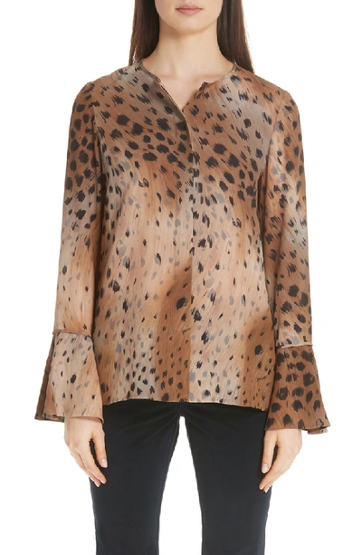 Lafayette 148 Plus Size Izzie Agave Leopard-print Silk Blouse W/ Bell Sleeves In Saddle Multi