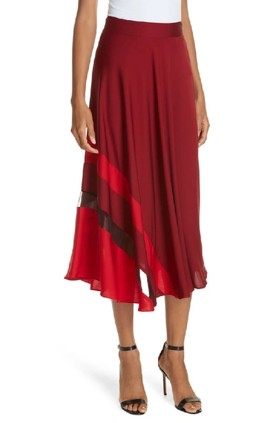Milly Asymmetrical Stripe Stretch Silk Midi Skirt In Burgundy/ Ruby