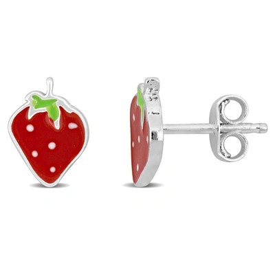 Mimi & Max Red And Green Enamel Strawberry Stud Earrings In Sterling Silver