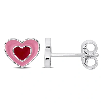 Mimi & Max Pink Enamel Heart Stud Earrings In Sterling Silver In Red