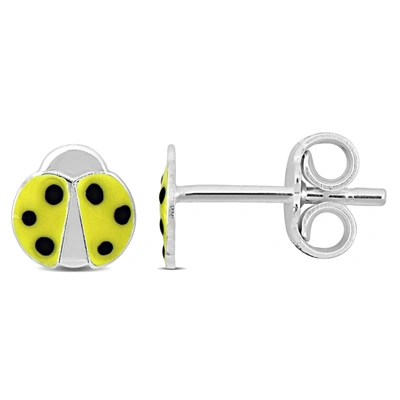Mimi & Max Yellow Enamel Ladybug Stud Earrings In Sterling Silver