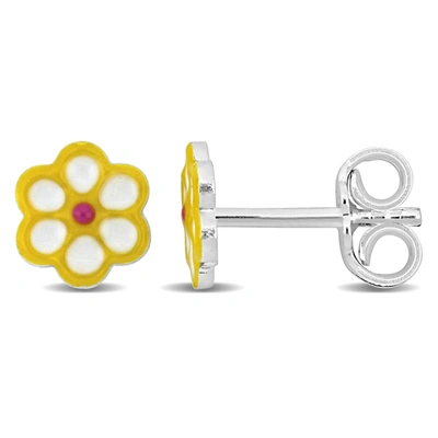 Mimi & Max Yellow Enamel Flower Stud Earrings In Sterling Silver