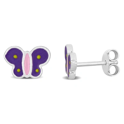 Mimi & Max Purple And Pink Enamel Butterfly Stud Earrings In Sterling Silver
