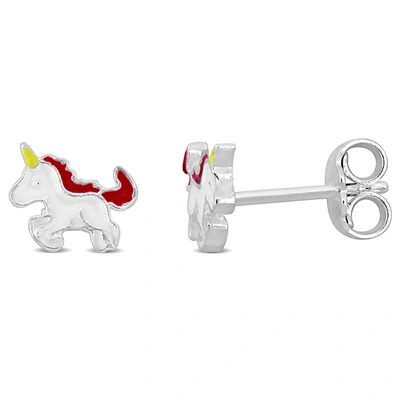 Mimi & Max Pink And White Enamel Unicorn Stud Earrings In Sterling Silver