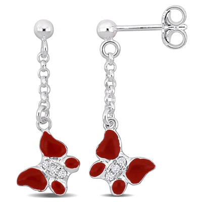 Mimi & Max Cubic Zirconia Red Enamel Butterfly Drop Earrings In Sterling Silver