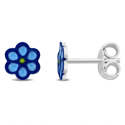 Mimi & Max Blue Enamel Flower Stud Earrings In Sterling Silver