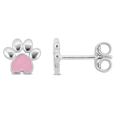 Mimi & Max Pink Enamel Paw Stud Earrings In Sterling Silver