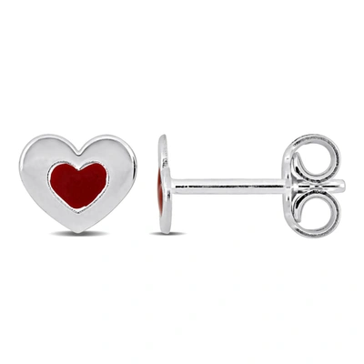 Mimi & Max Red Enamel Heart Stud Earrings In Sterling Silver