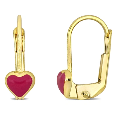 Mimi & Max Pink Enamel Heart Leverback Earrings In 14k Yellow Gold In Red