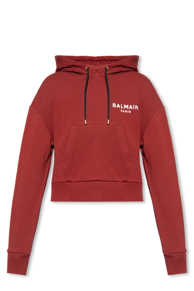 Balmain Red Cropped Hoodie With Logo In Metallic