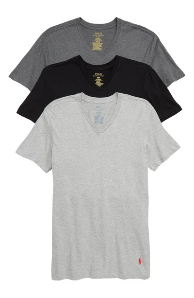 Polo Ralph Lauren Men's Undershirt, Slim Fit Classic Cotton V-neck 3 Pack In Black/grey