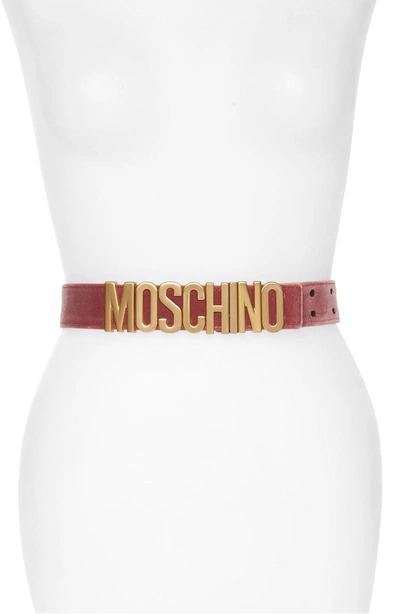 Moschino Logo Velvet Belt In Rose Pink With Gold