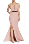 Dress The Population Lana Plunging Strappy Shoulder Gown In Blush