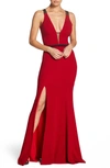 Dress The Population Lana Plunging Strappy Shoulder Gown In Garnet