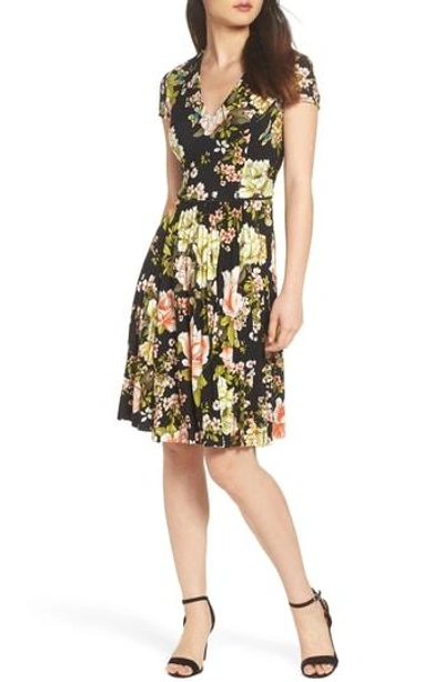 Maggy London Floral Print Pleat Skirt Dress In Black/ Coral