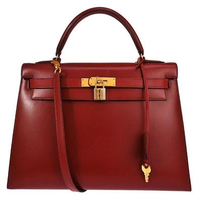 Hermes Hermès Kelly 32 Red Leather Handbag () In Burgundy