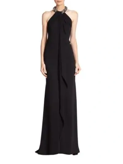 Carmen Marc Valvo Sleeveless Silk Halter Gown In Black